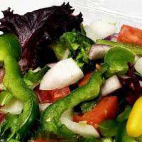 House Garden Salad · Lettuce, tomato, red onion, bell pepper, olive, cucumber.