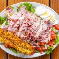 Chef Salad · Ham, turkey, American, Swiss, and tomato and a boiled egg