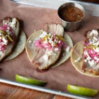 Three Pork Belly Tacos · Choice of salsa verde or salsa roja, pickled jalapeño, red onion, queso fresco,. lime wedges...