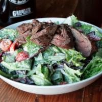 Grilled “Dickman’S Ugly Steak Salad · Mixed greens, cucumbers, cherry tomatoes, peppers, red onion, ranch dressing