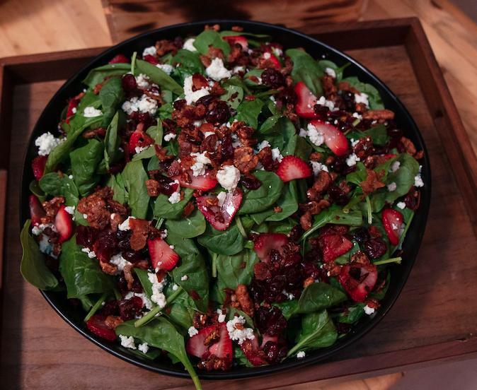 Chophouse Spinach Salad · Baby spinach, house-smoked bacon, bleu cheese crumbles, candied pecans,. cranberry raisins, fresh strawberries, balsamic vinaigrette
