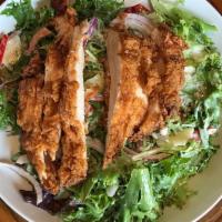 Buttermilk Fried Chicken Salad · Mixed greens, cucumbers, cherry tomatoes, peppers, red onion, ranch dressing. (substitute sm...