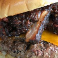 Bacon 3-Way Burger · custom-blend ground beef, crispy bacon, smoked pork belly,. bourbon bacon jam, cheddar chees...