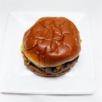 Brojo Burger · custom-blend ground beef, BroJo’s sauce, choice of cheddar or american cheese, lettuce, toma...