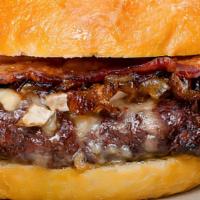 Bacon & Blues Burger · custom-blend ground beef, crispy bacon, bleu cheese crumbles,. bourbon bacon jam, caramelize...