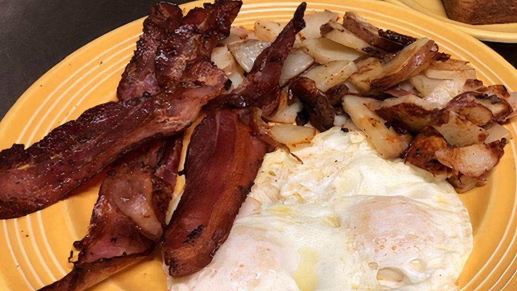 Classic 2 Egg Breakfast · Served with hash browns or Idaho home fries and choice of toast, biscuit, cinnamon roll, 1/4 biscuit and gravy, scone, pancakes, blueberry or banana nut muffin. Served with your choice of 4 strips of bacon, 4 sausage links or 2 sausage patties.