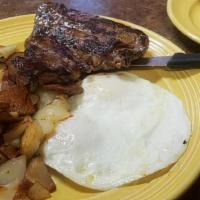 Prime Steak With 2 Eggs · Served with hash browns or Idaho home fries and choice of toast, biscuit, cinnamon roll, 1/4...