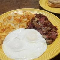 Grilled Corned Beef Hash & 2 Eggs · Served with hash browns or Idaho home fries and choice of toast, biscuit, cinnamon roll, 1/4...