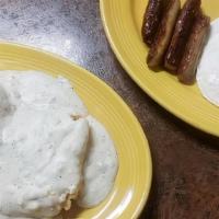 House Special · A 1/2 biscuit and gravy with 2 eggs and choice of 4 bacon strips, 4 sausage links or 2 sausa...