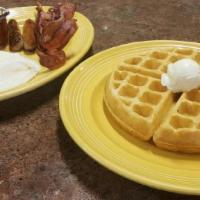 Waffle Combo · A traditional buttermilk waffle, 2 eggs, and choice of 4 bacon strips, 4 sausage links or 2 ...