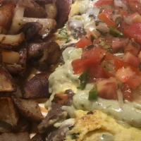 Baja Carne Asada · Served with hash browns or Idaho home fries & choice of toast, biscuit, cinnamon roll, 1/4 b...