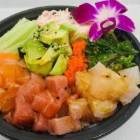 Poke Lover · Assorted fish, avocado, cucumber, snow crab, seaweed salad, masago