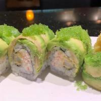 Green River Roll · Shrimp tempura, snow crab inside topped with . avocado, wassabi tobiko, spicy mayo, eel sauce