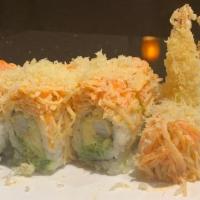 Kamikaze Roll · Shrimp tempura, avocado topped with spicy crab meat. crunch, spicy mayo and eel sauce