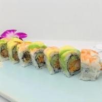 Scorpion Roll · Shrimp tempura, cucumber topped with shrimp, avocado. w. spicy mayo and eel sauce