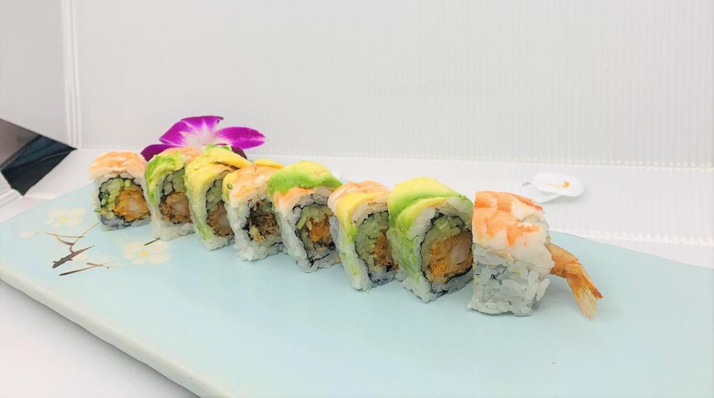 Scorpion Roll · Shrimp tempura, cucumber topped with shrimp, avocado. w. spicy mayo and eel sauce