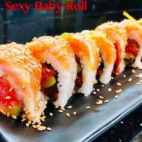 Sexy Baby Roll (8) · Spicy. Spicy tuna, cucumber inside, salmon, lemon, green onion on top with spicy garlic sauc...