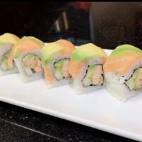Salmon Lover Roll (8) · Salmon tempura, avocado and cream cheese inside, salmon and avocado on top. Throughly cookin...