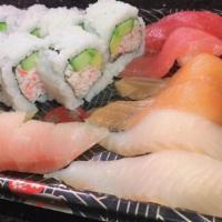 Combo 2 With California Roll · 8 pcs nigiri sushi (Salmon, tuna, yellowtail, red snapper sushi, 2 pcs each); and California...