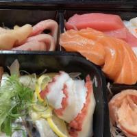 27 Pieces Sashimi Moriawase · Salmon, tuna, yellowtail, red snapper, super white tuna, mackerel, albacore, fresh scallop, ...