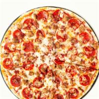 Lrg Meat Combo · PEPPERONI,SAUSAGE,,BACON BITS &EXTRA CHEESE.  THIN CRUST AND ALWAYS FRESH.