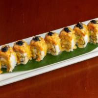 Trail Blazer Roll · Shrimp tempura, crab salad, avocado. Topped with spicy tuna, black tobiko, creamy spicy pesto