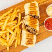 Saj Beef Shawarma · Serves with French fries and drink.