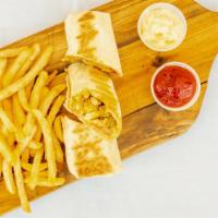Saj Chicken Shawarma · Serves with French fries and drink.