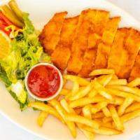 Crispy Chicken Chop · Chicken chop served with fries and vegetable.