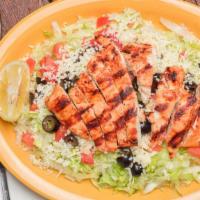 Chicken Salad · Juicy broiled chicken breast, cooked with a special seasoning, over fresh salad and your cho...