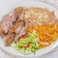 Carnitas Plate · Slow-cooked pork, served with beans and rice.