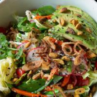Seasonal Salad · Vegan & Gluten Free. Summer Salad!
Butter lettuce, arugula mix, avocado, cherry tomatoes, co...