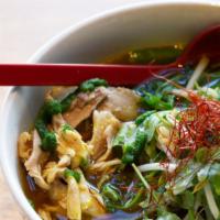 Chicken Turmeric Ramen · Roasted and Pulled chicken with a ginger turmeric dashi and seasonal veggies to help build i...