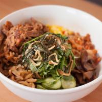 Fried Chicken Rice Bowl · Rice, pickles, kimchi, and veggies.
