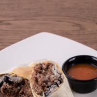 Short Rib Burritos · 12” Flour Tortilla with Cilantro lime rice, Onions, Cilantro, Arbol Salsa, Black Beans, Mexi...