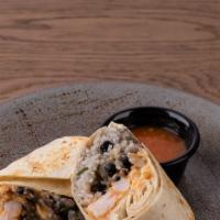 Shrimp Burritos · 12” Flour Tortilla with Cilantro lime rice, Onions, Cilantro, Arbol Salsa, Black Beans, Mexi...