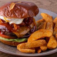Bbq Burger · BBQ Sauce, Cheddar, Applewood Bacon, Lettuce, Tomato, Onion.