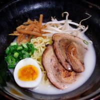Classic Tonkotsu Ramen · Tonkotsu (pork) broth, pork chashu, soft-boiled egg. Green onions, bean sprouts and bamboo s...