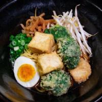 Creamy Tonkotsu Ramen · Tonkotsu (pork) broth, pork chashu, soft-boiled egg, com green onions, bean sprouts, bamboo ...