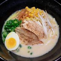 Chicken Ramen · Chicken broth, chicken chashu, soft-boiled egg, green onions, bean sprouts, bamboo shoots an...
