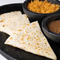Kid'S Quesadilla With Meat · Kids quesadilla with Asada or Chicken, with rice and beans or fries