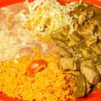 Chile Verde · Pork  loin braised in a green sauce of special fresh tomatillos green peppers, onions and sp...