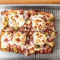 Sausage & Ricotta · Sausage, bacon, Brussels sprouts, red onions, mozzarella cheese, and ricotta cheese.