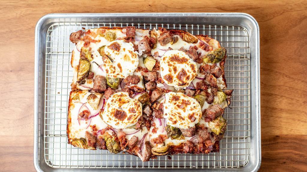 Sausage & Ricotta · Sausage, bacon, Brussels sprouts, red onions, mozzarella cheese, and ricotta cheese.
