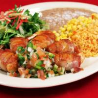 Camarones Don Tocino · grilled bacon and cheese rapped shrimp; rice, refried beans, corn salad, salad, pico de gall...