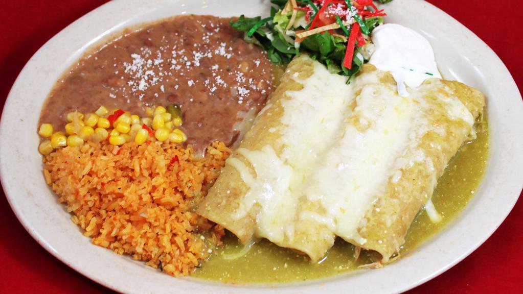 Enchiladas Chile Verde · Chicken, shredded beef, carnitas or cheese enchiladas, made with chile verde sauce, Monterey jack cheese, Mexican cheese, lettuce, onions, corn salad, rice and  refried beans.