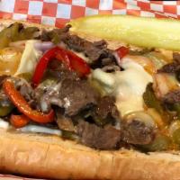 Bacon Philly Sandwich · Includes bacon, mayonnaise, red and green bell peppers, red onion, thinly sliced rib-eye and...