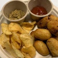 Corn Dogs · Mini corn dogs with chips and dipping sauce