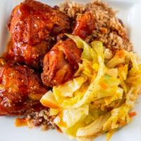 Jamaican Barbie Fried Chicken · Chicken seasoned with Jamaican spices then deep-fried topped with sauce.