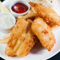 Beer Battered Fish And Chips · Beer battered to order, French Fries, house-made tartar, lemon